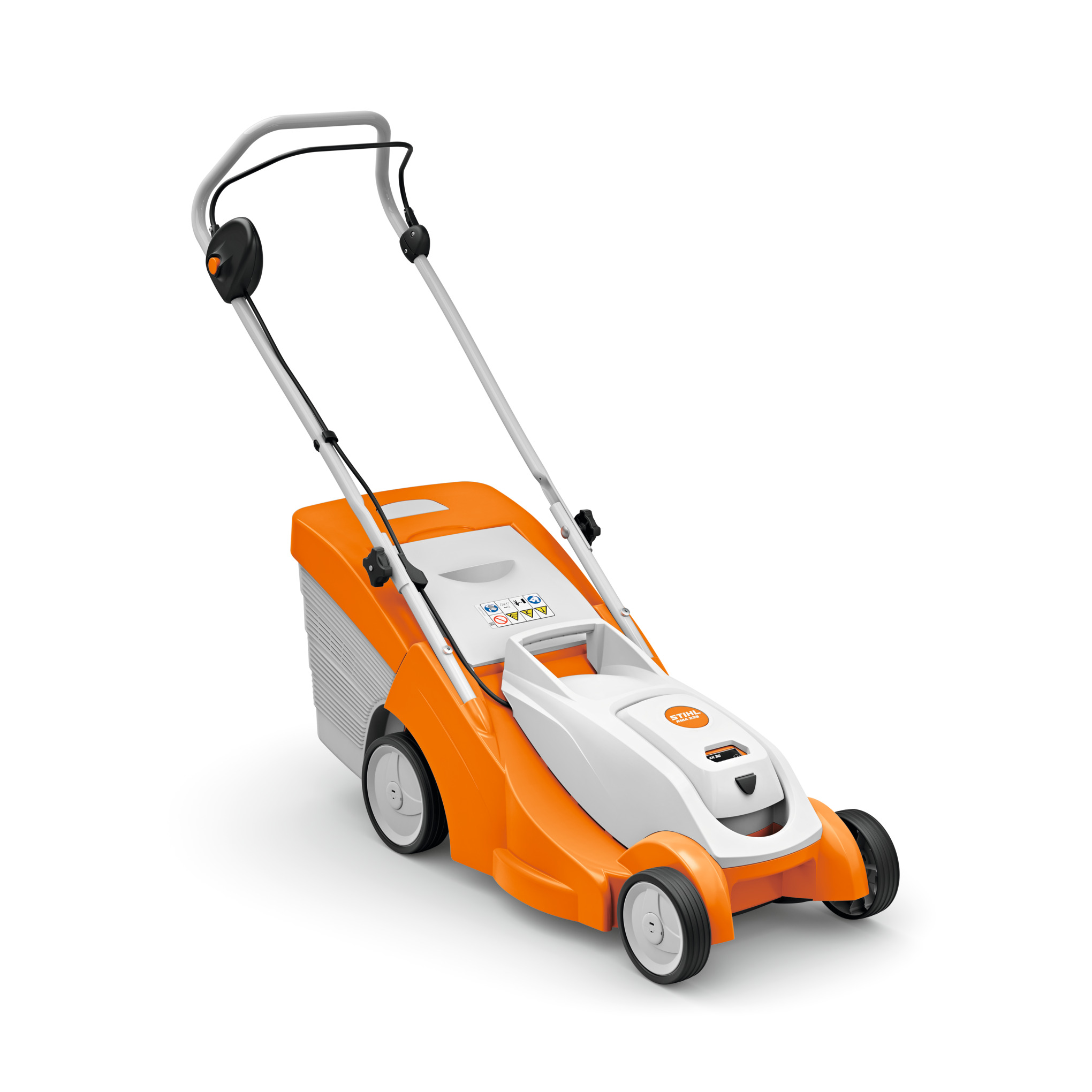 STIHL RMA 239 Akku-Rasenmäher in Orange und Weiß mit klappbarem Holm und Grasfangkorb