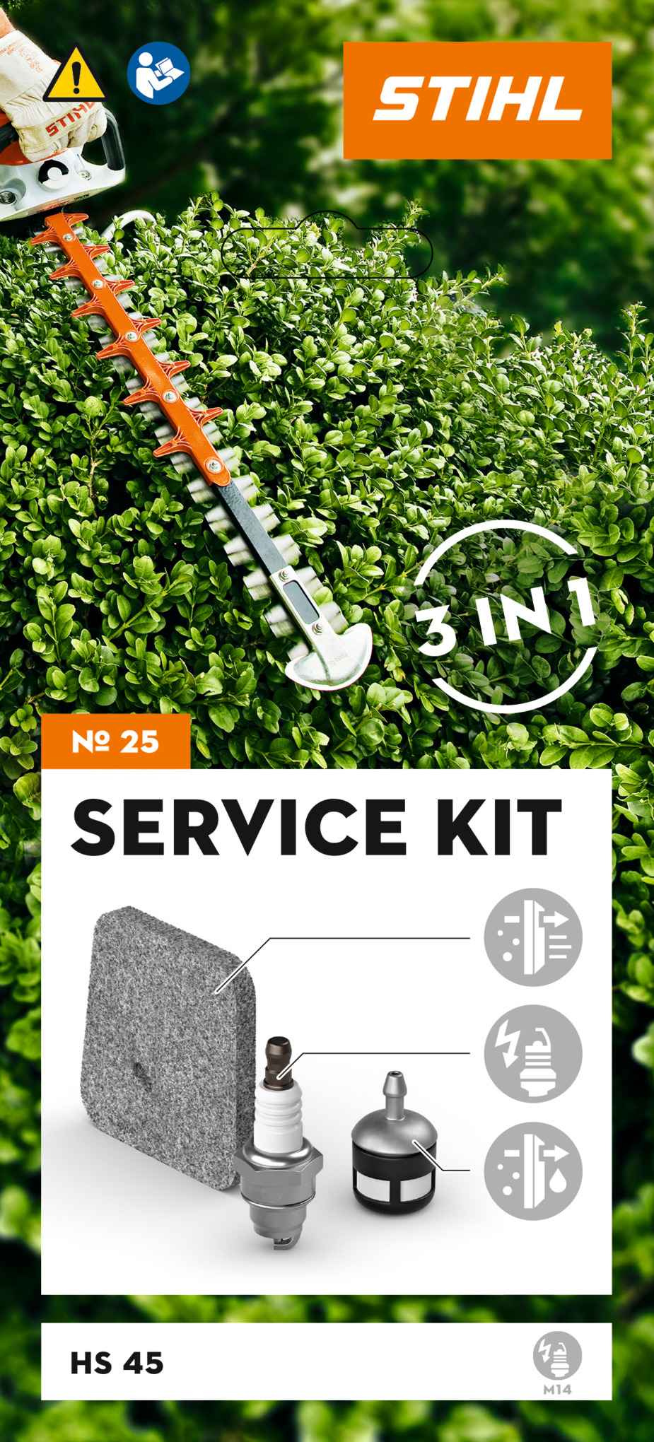 STIHL Service Kit 25 für HS 45 mit Luftfilter, Zündkerze und Kraftstofffilter auf grüner Hecken-Hintergrund