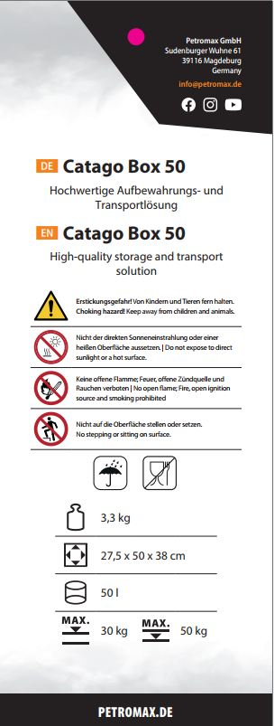 Informationsbroschüre der Petromax Catago Box 50 mit Sicherheitshinweisen und technischen Daten
