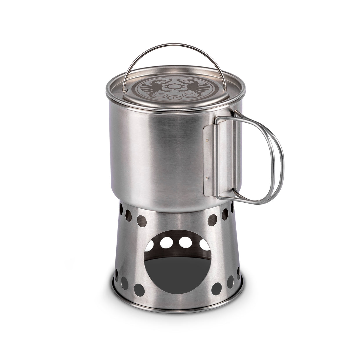 Petromax Kochbecher aus Edelstahl auf Brennstoffbehälter für Outdoor-Kochen