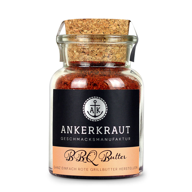 Ankerkraut BBQ Butter in einem Glasgefäß mit Korkdeckel und schwarz-braunem Etikett