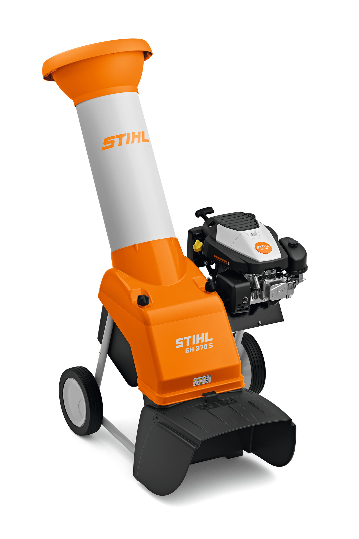 STIHL GH 370 S Häcksler in Orange und Weiß mit breitem Einfülltrichter und Benzinmotor