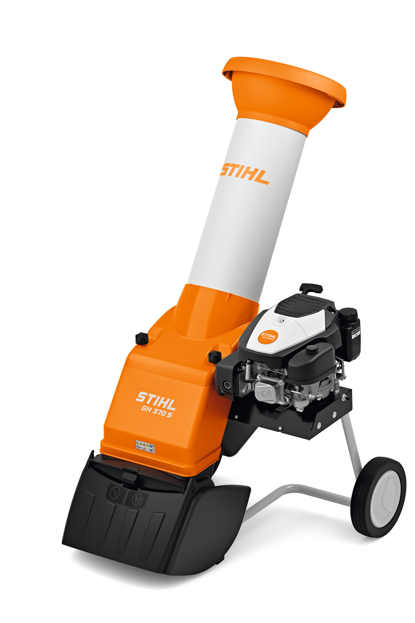 STIHL GH 370 S Häcksler in Orange und Weiß mit breitem Einfülltrichter und Benzinmotor