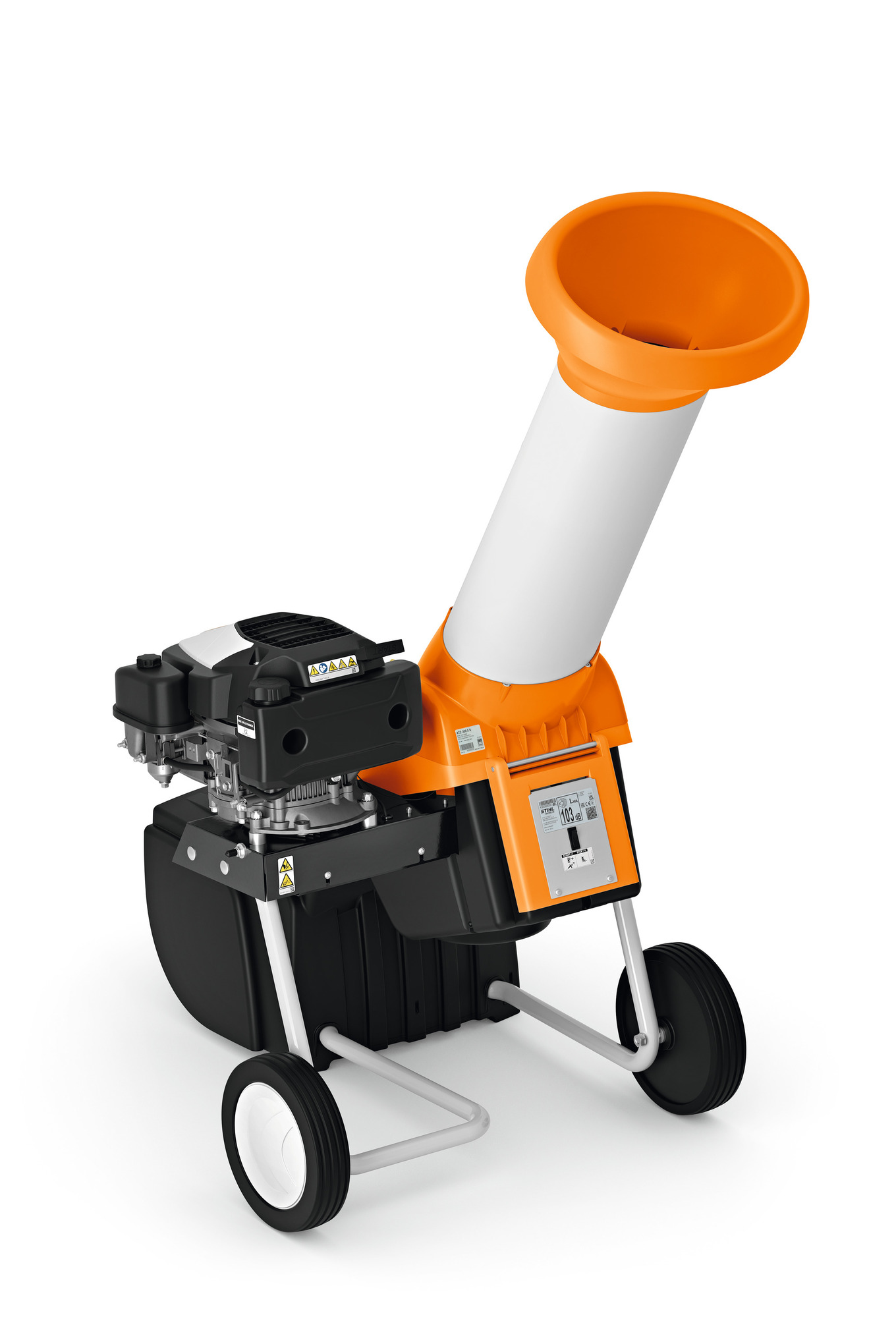 STIHL GH 370 S Benzin-Häcksler mit orangem Einfülltrichter und weißen Rädern