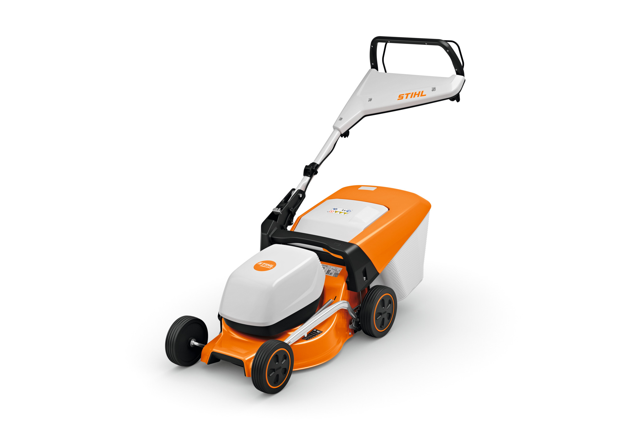 STIHL Akku-Rasenmäher RMA 243 in Weiß und Orange auf weißem Hintergrund