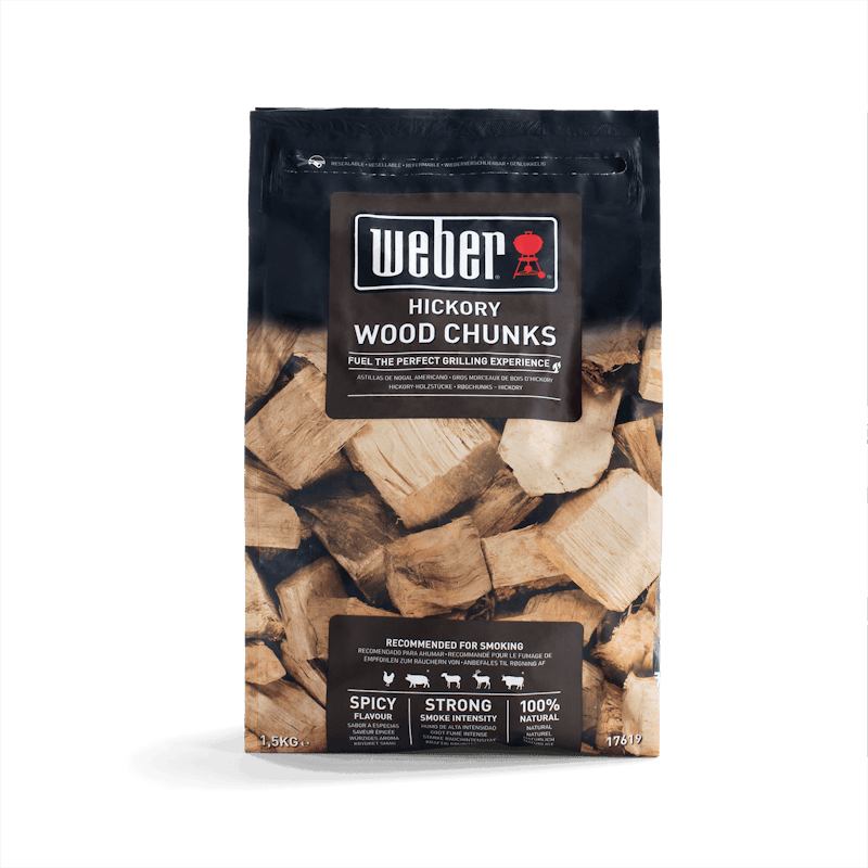 Weber Hickory Wood Chunks 1.5kg Verpackung mit sichtbaren Holzstücken
