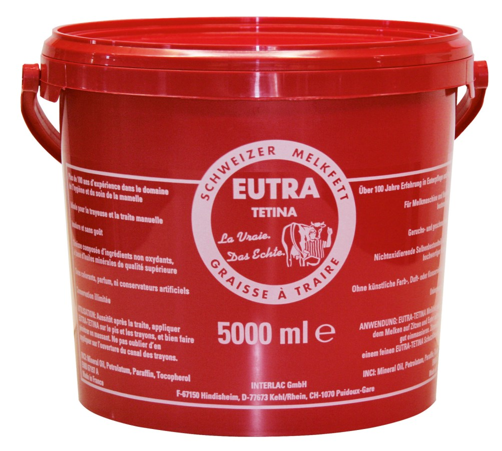 Rote 5000 ml Kunststoffdose von Eutra Melkfett mit Produktinformationen
