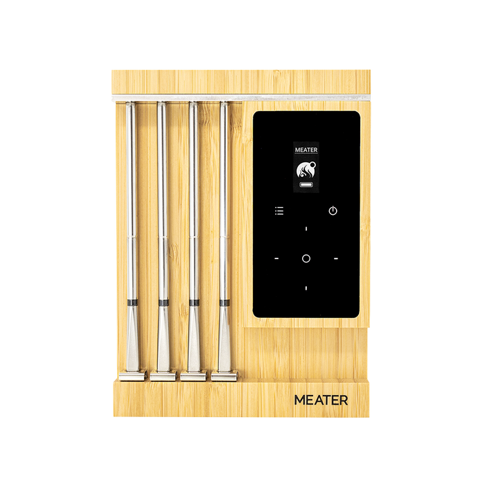 MEATER Pro XL mit digitaler Basisstation und vier Temperatursonden in einer Holzbox