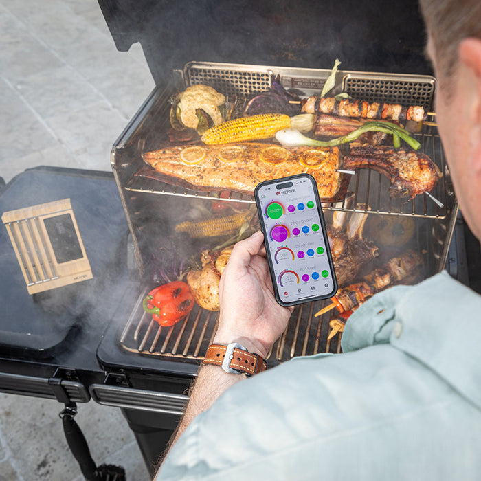 Person verwendet Smartphone zur Temperaturüberwachung beim Grillen im Freien