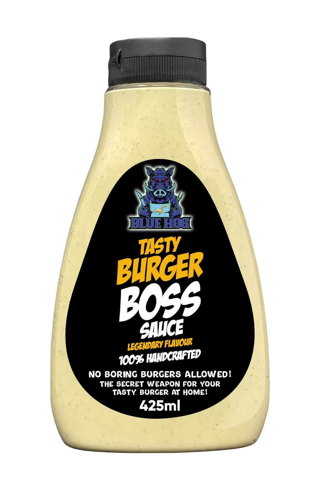 Flasche der Blue Hog Tasty Burger Boss Sauce mit blauem Wildschwein-Design