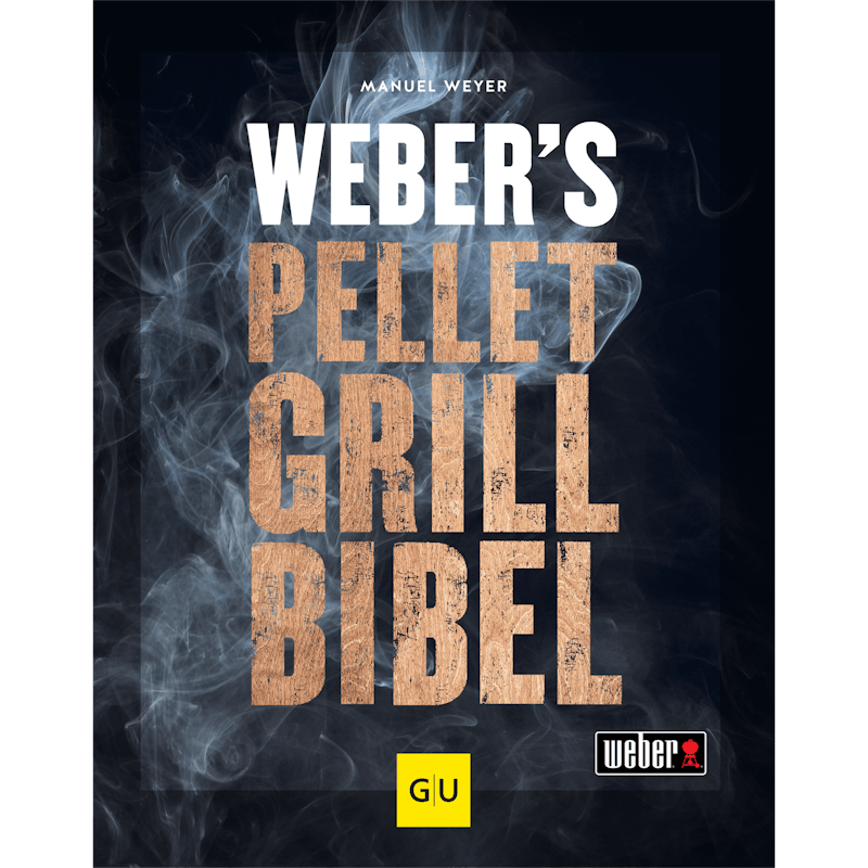 Cover von Weber's Pellet Grill Bibel mit Rauch und Korktextur, Logos von Weber und GU