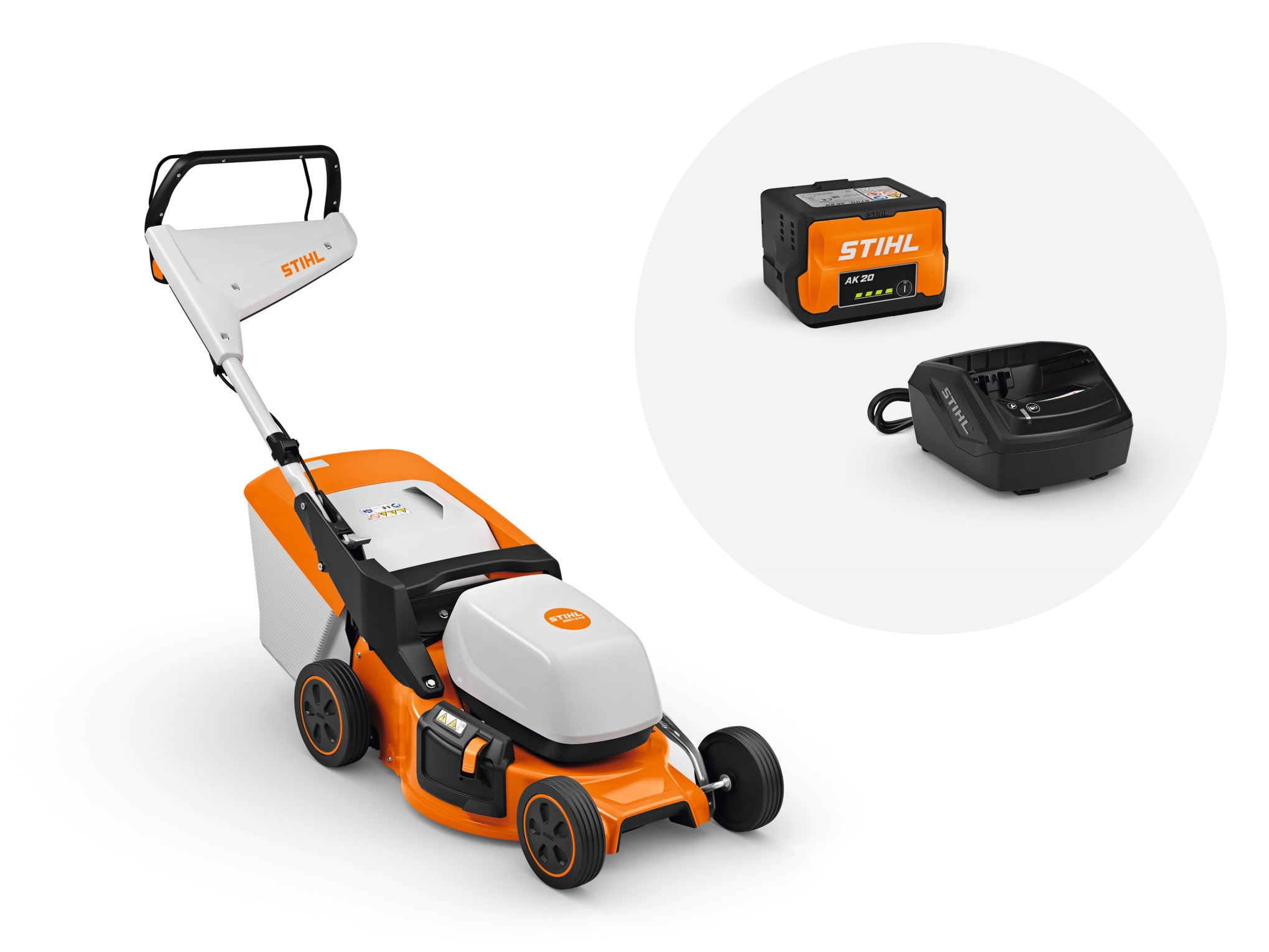 STIHL Akku-Rasenmäher RMA 248 mit Akku und Ladegerät in Studioansicht