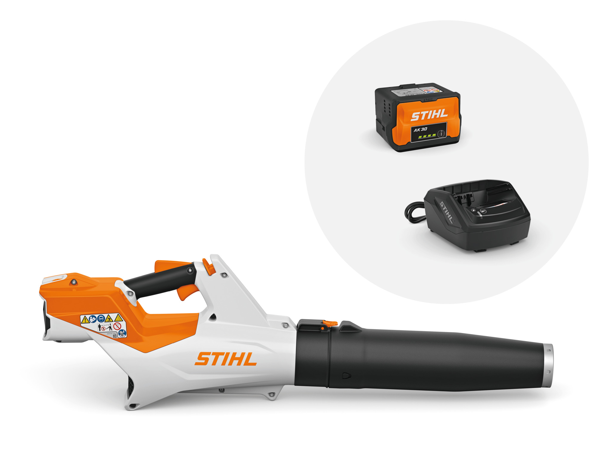 STIHL BGA 60 Laubbläser mit AK 30 Akku und AL 101 Ladegerät in Weiß und Orange