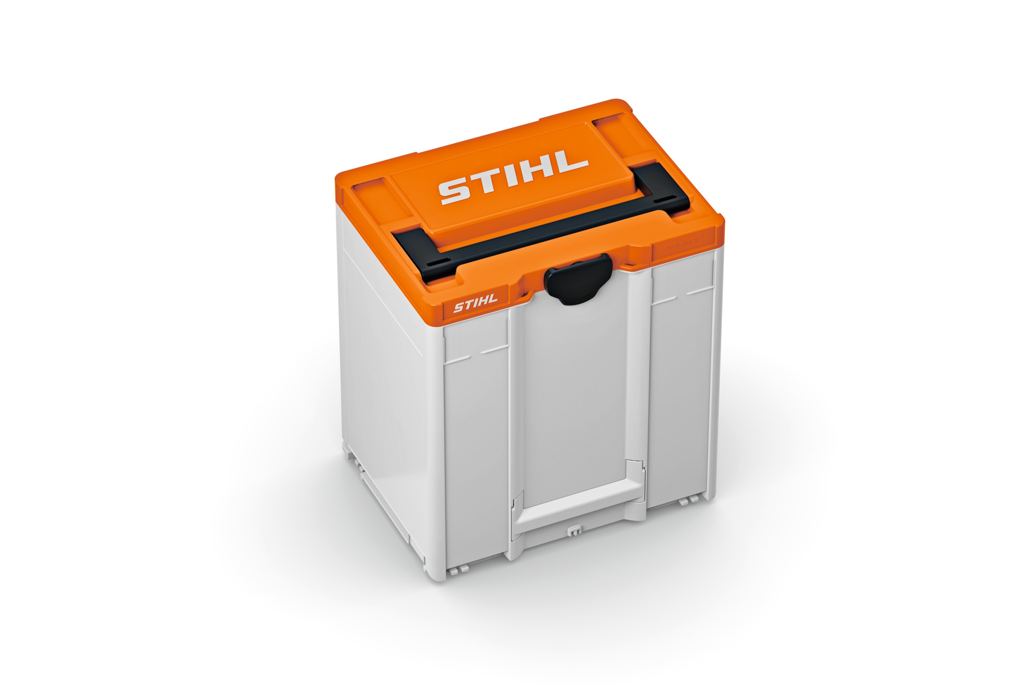 Weiße und orange STIHL Akku-Box L aus dem Systainer3 System mit Logo und Griff