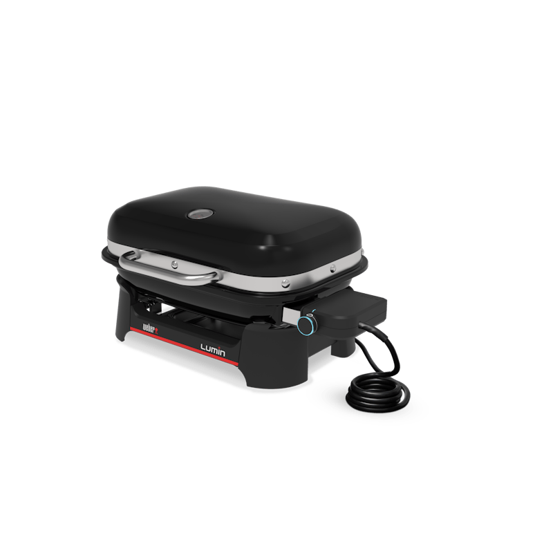 Weber LUMIN COMPACT Elektrogrill in Schwarz mit blauem Bedienknopf und rotem Markenlabel
