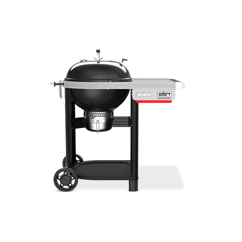 Weber Performer Holzkohlegrill auf Rollwagen mit Seitentisch und Zubehörfächern