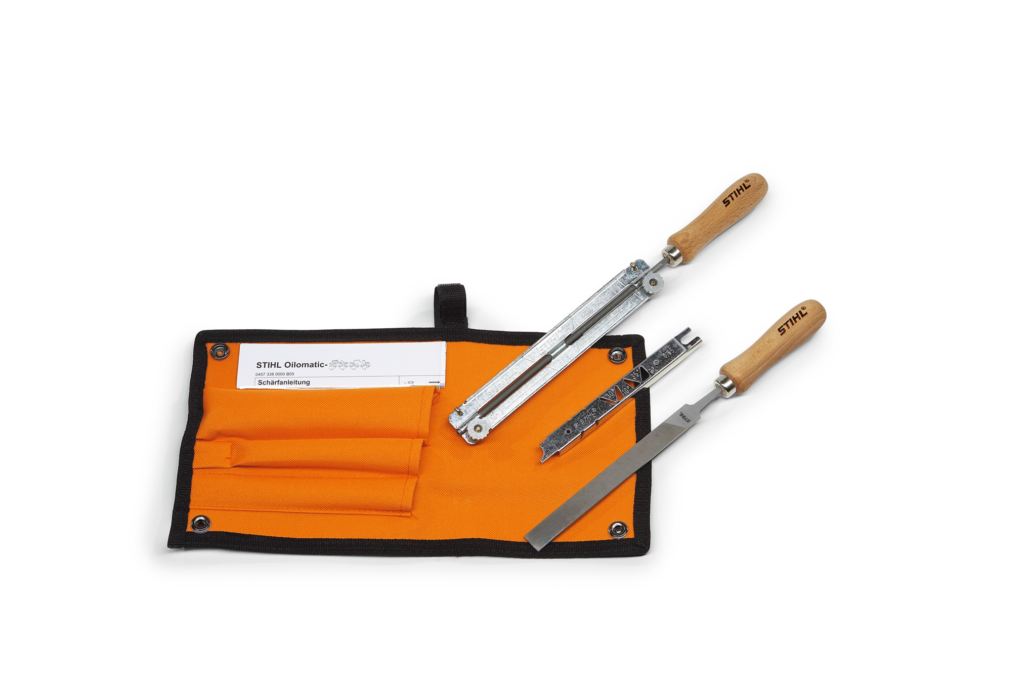STIHL Schärfset für Kettensägen auf weißem Hintergrund mit Feilen und Anleitung