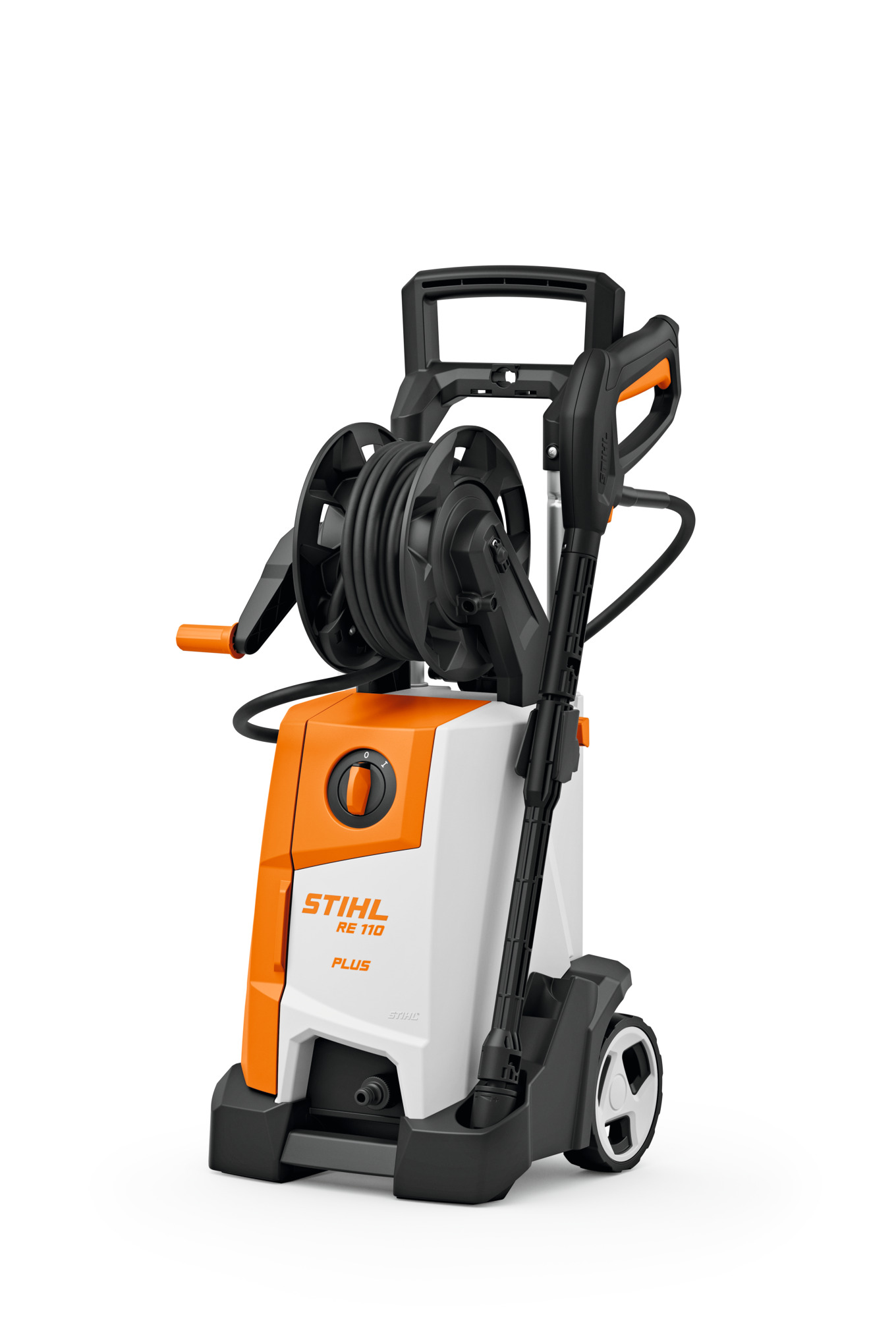 Stihl RE 110 PLUS Elektro-Hochdruckreiniger in Weiß und Orange mit integrierter Schlauchtrommel und Transporträdern