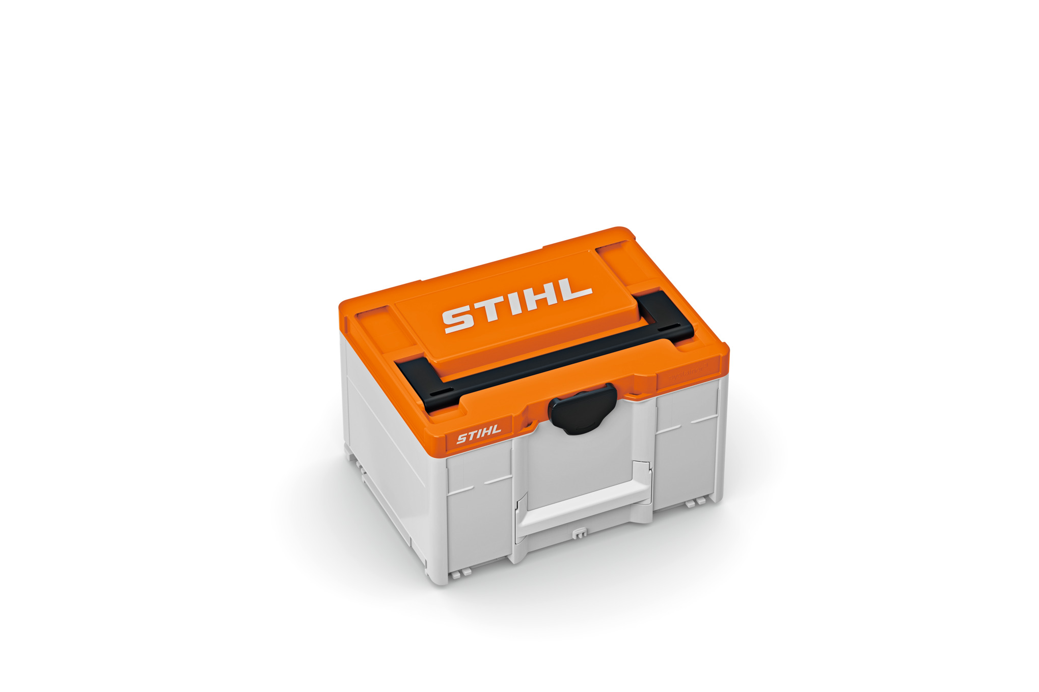STIHL Akku-Box Größe M in Weiß mit orangefarbenem Deckel und Logo, ideal für Transport und Aufbewahrung