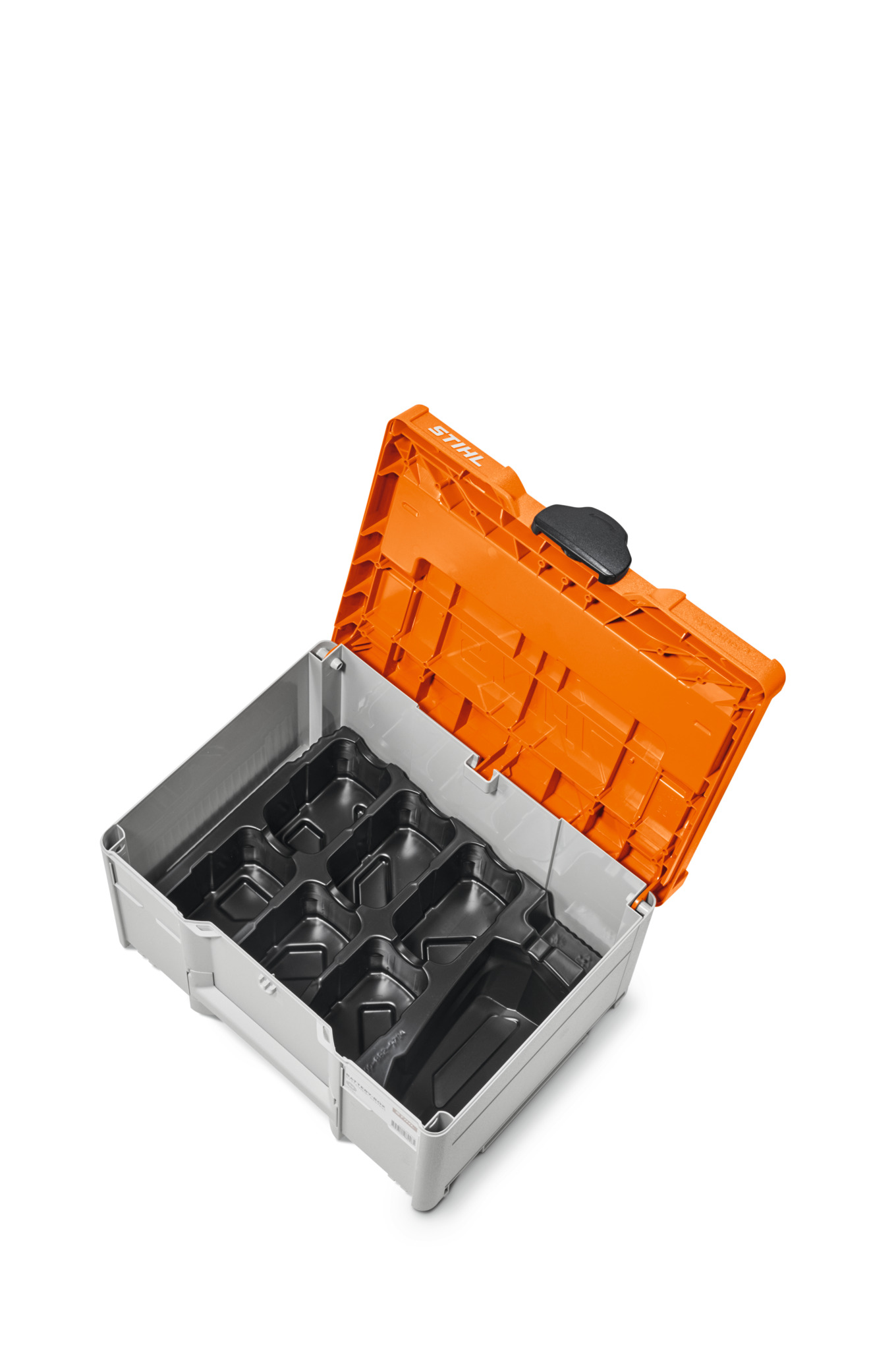STIHL Akku-Box M geöffnet mit leeren Fächern und orangefarbenem Deckel