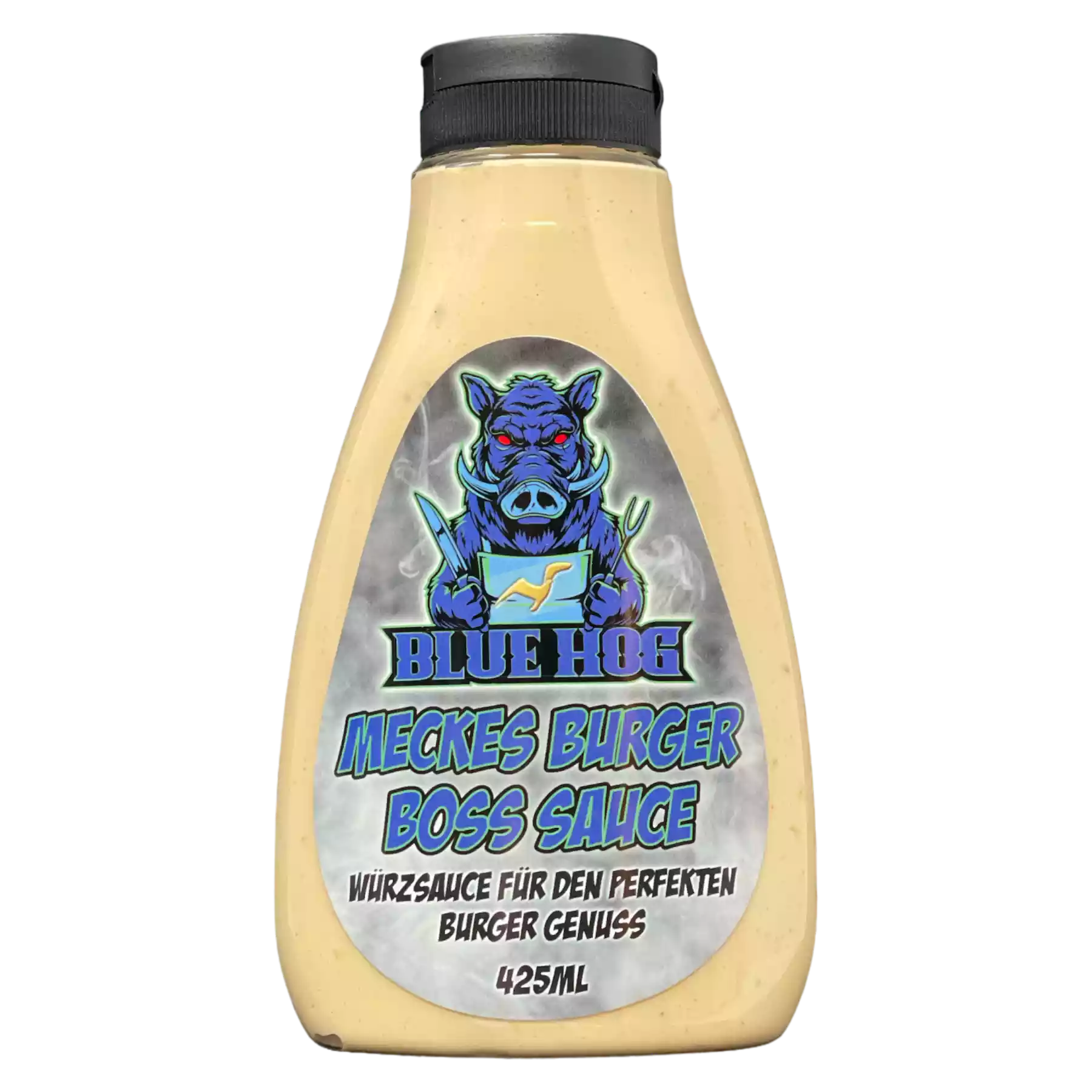 Flasche der Blue Hog Meckes Burger Boss Sauce mit blauem Wildschwein-Logo