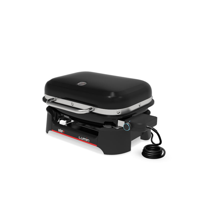 Weber LUMIN Elektrogrill in Schwarz mit Edelstahlelementen und rotem Logo