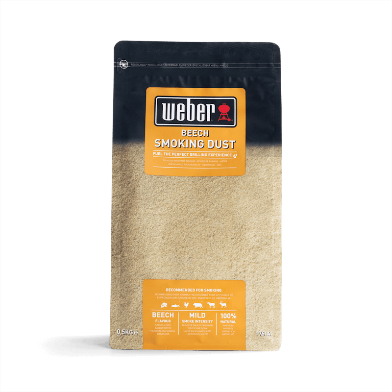 Verpackung von Weber Beech Smoking Dust Räuchermehl, 500g, sichtbar durch transparente Front