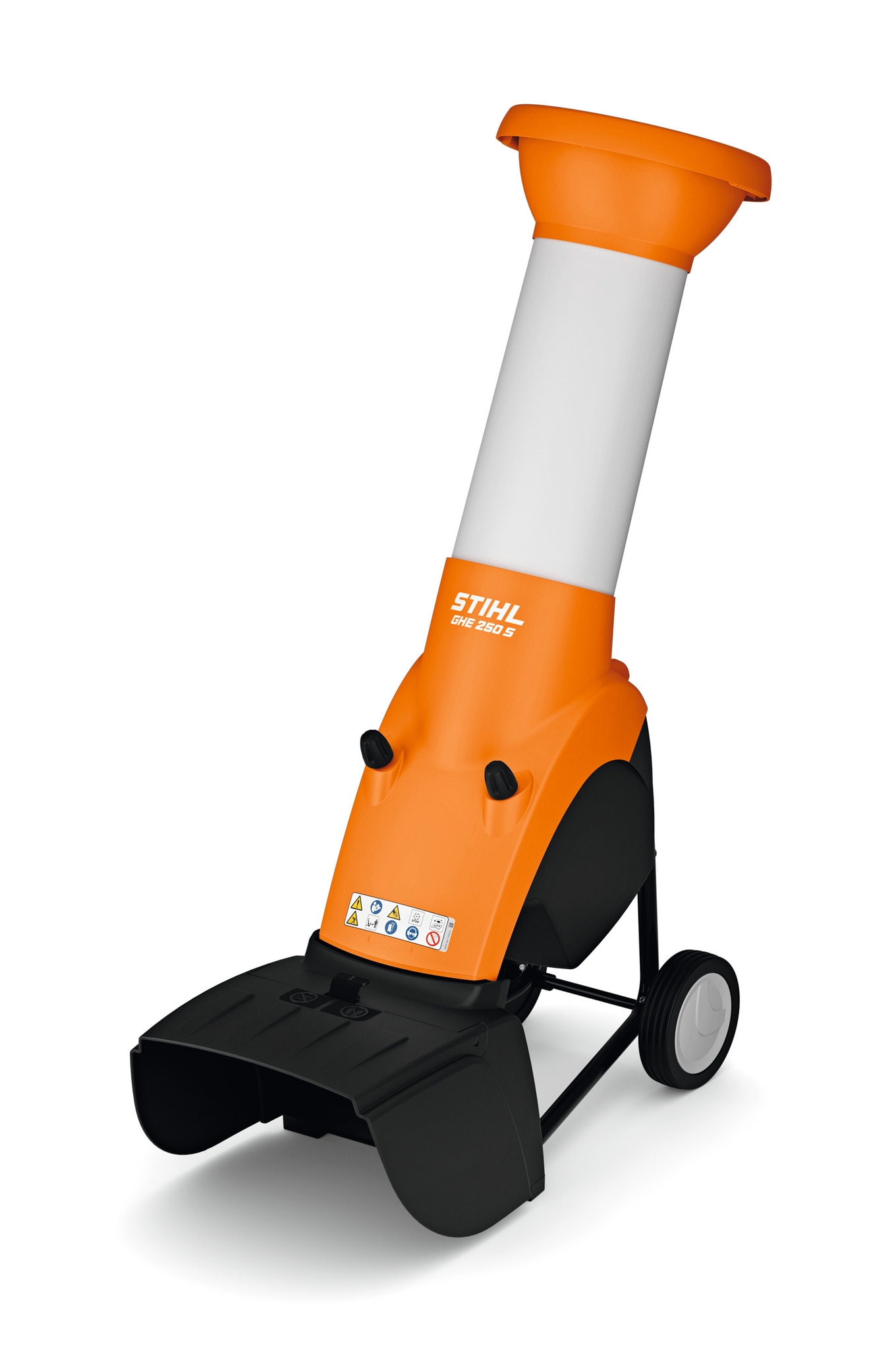 STIHL GHE 250 S Häcksler in Orange und Weiß mit Sicherheitshinweisen und Logo
