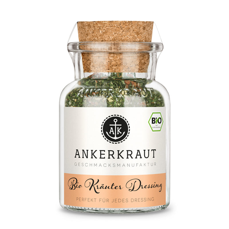Ankerkraut BIO Kräuter Dressing in einem Glas mit Korkdeckel und grün-weißem Etikett