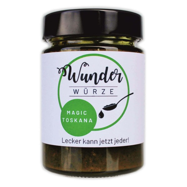 Glas mit Magic Toskana Wunderwürze von Eatventure mit grünem Etikett