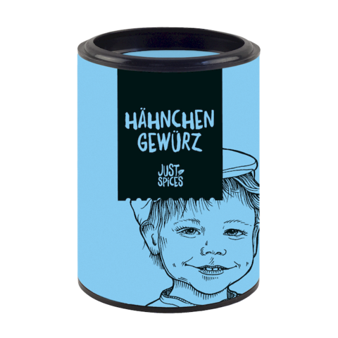 Blaue Gewürzdose von Just Spices für Hähnchen mit Illustration eines lächelnden Jungen