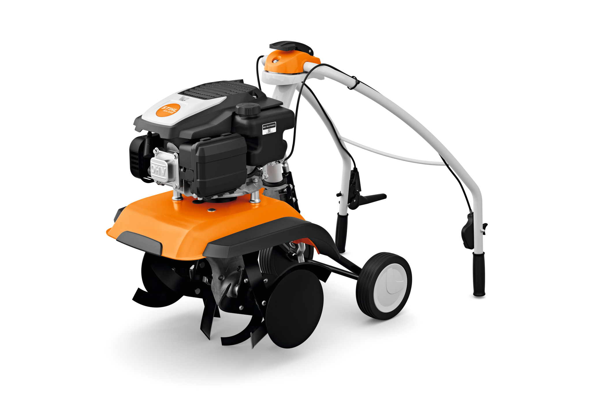 STIHL MH 445 Motorhacke in Orange und Grau auf weißem Hintergrund