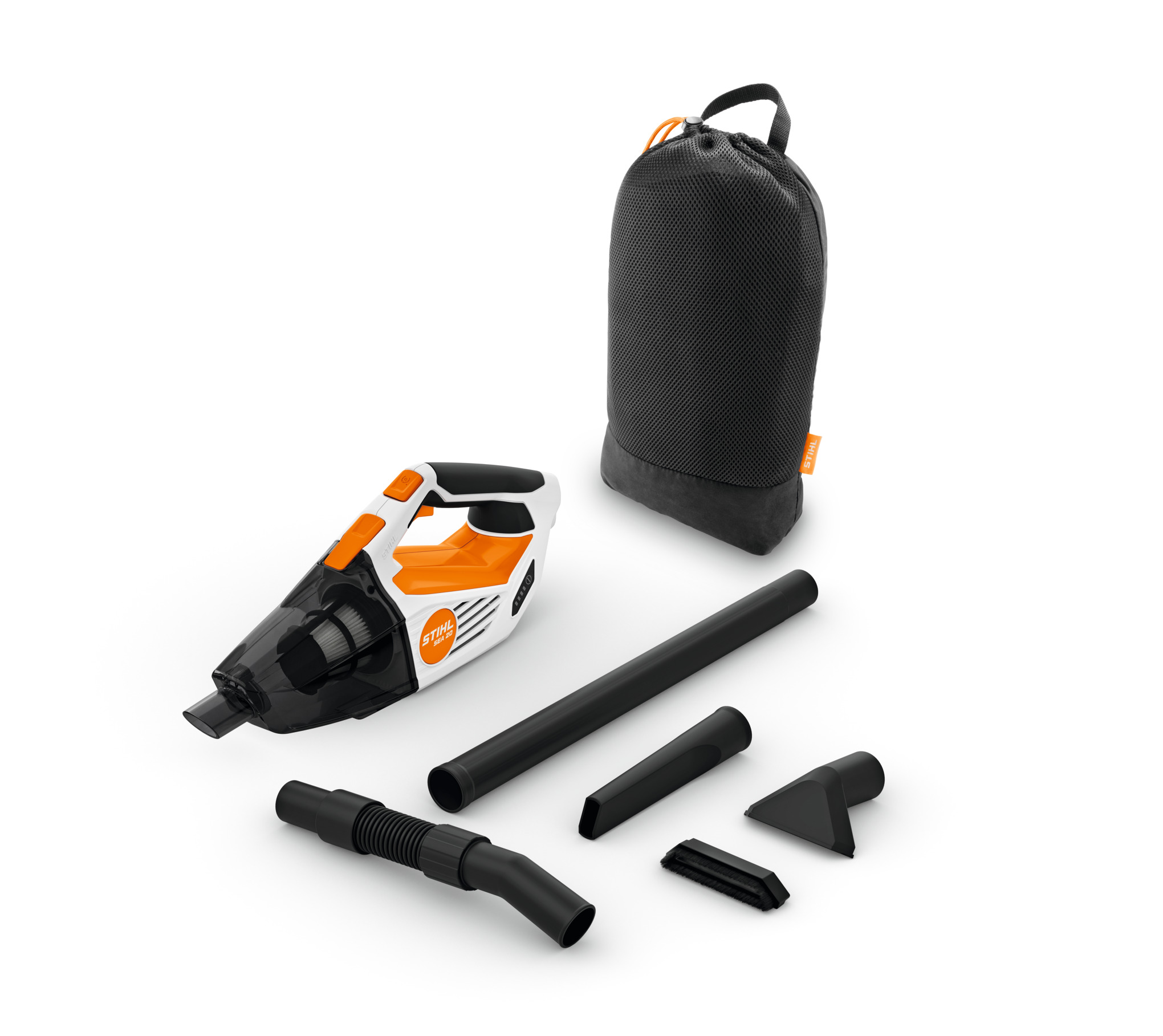 STIHL SEA 20 Akku-Handstaubsauger mit Zubehör auf weißem Hintergrund