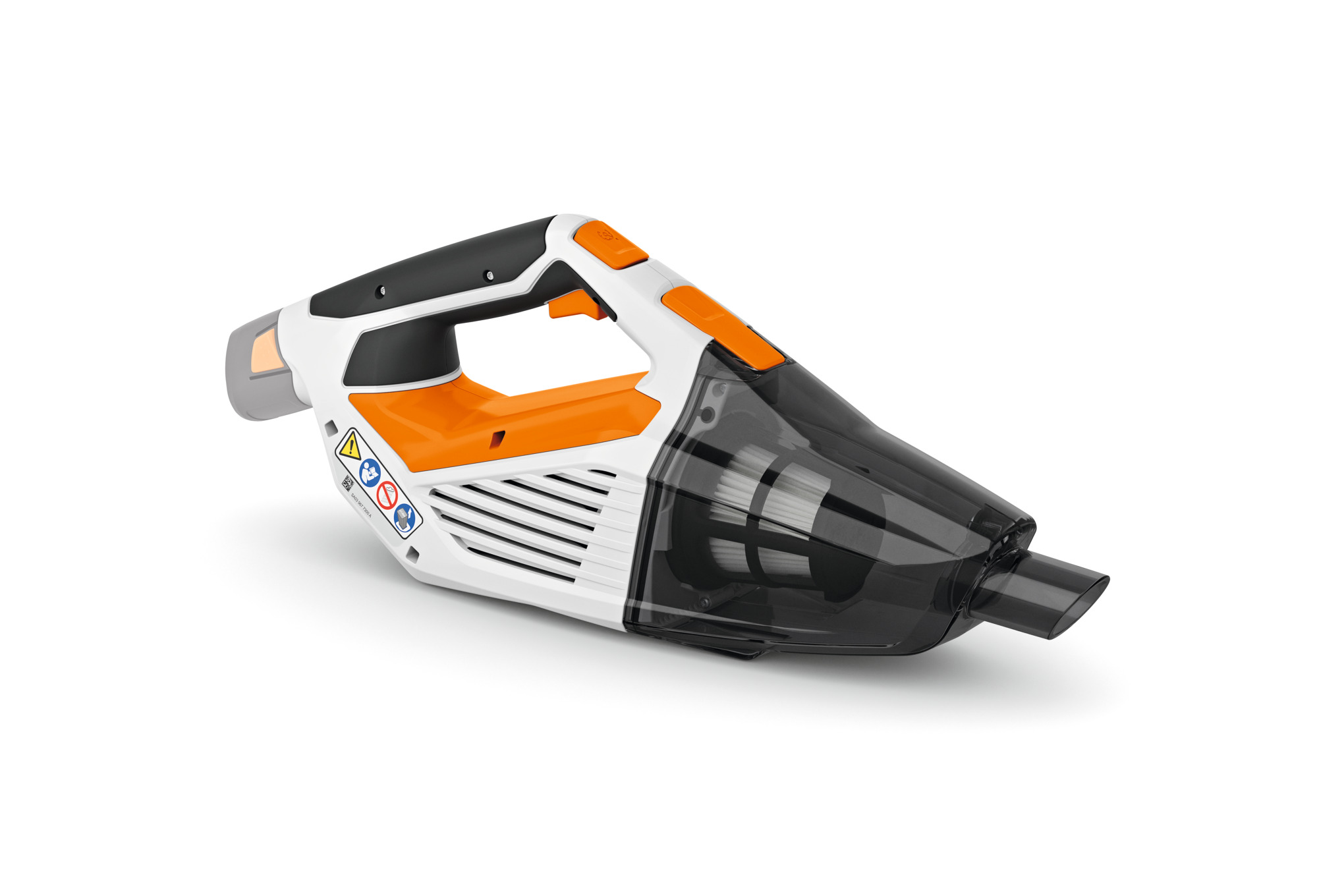 STIHL SEA 20 Akku-Handstaubsauger in Weiß und Orange mit transparentem Staubbehälter
