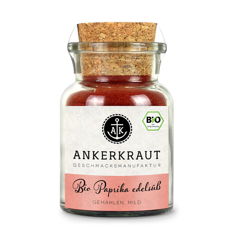 Bio Paprikapulver Edelsüß von Ankerkraut in einem Glas mit Korkdeckel und EU-Bio-Siegel