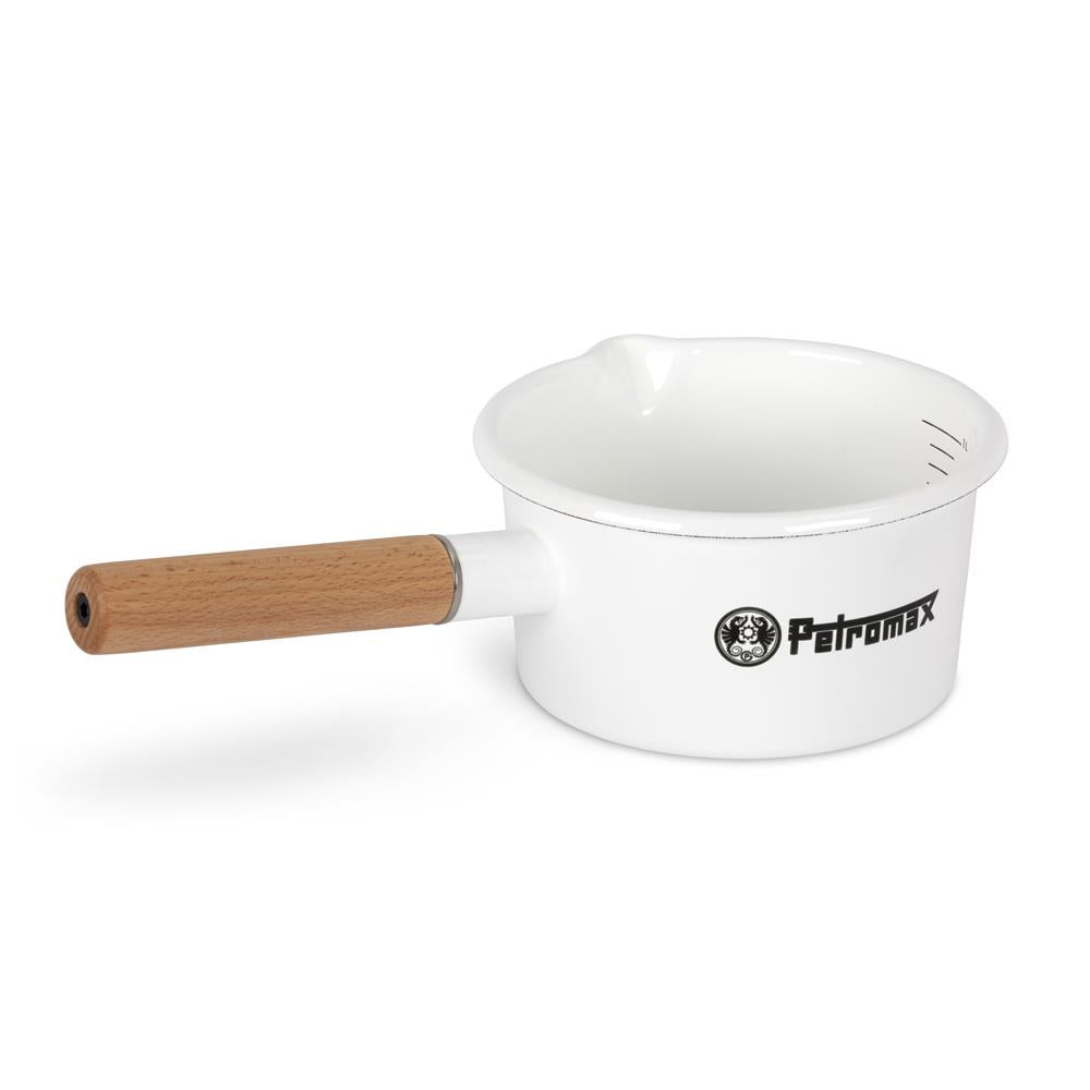 Weißer Petromax Emaille Stieltopf mit Holzgriff und Logo