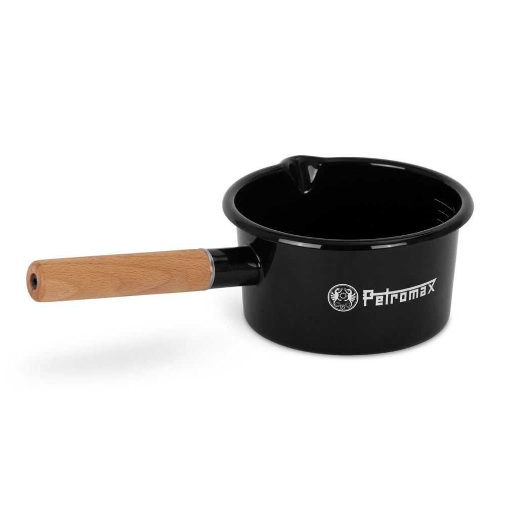 Schwarzer Petromax Emaille Stieltopf mit Holzgriff und Logo