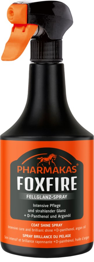 Schwarze Flasche von FOXFIRE Fellglanzspray mit orangefarbenem Sprühkopf und Produktinformationen