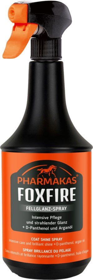 Flasche von FOXFIRE Fellglanzspray mit Details zu Inhaltsstoffen und Vorteilen