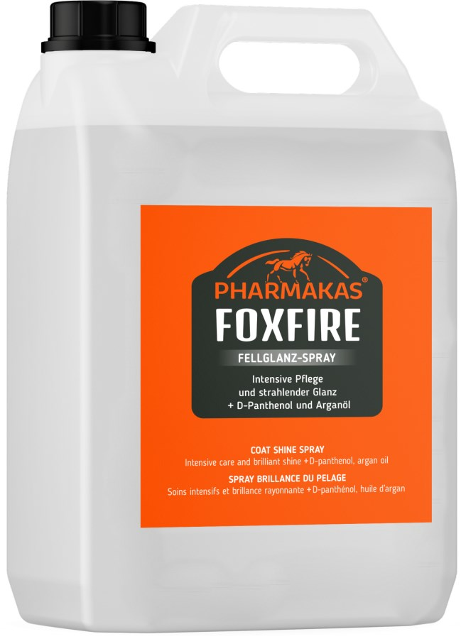 Weiße Flasche von FOXFIRE Fellglanz-Spray mit orangefarbenem Etikett