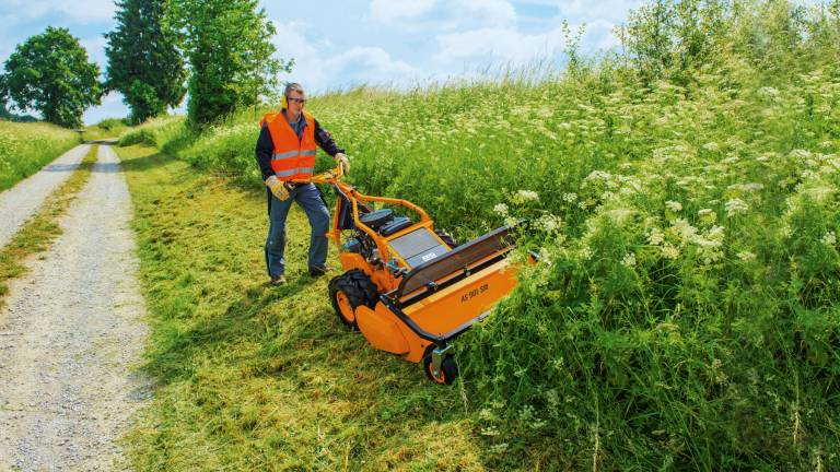 Mann bedient AS 901 SM Schlegelmulcher auf Hang neben Weg