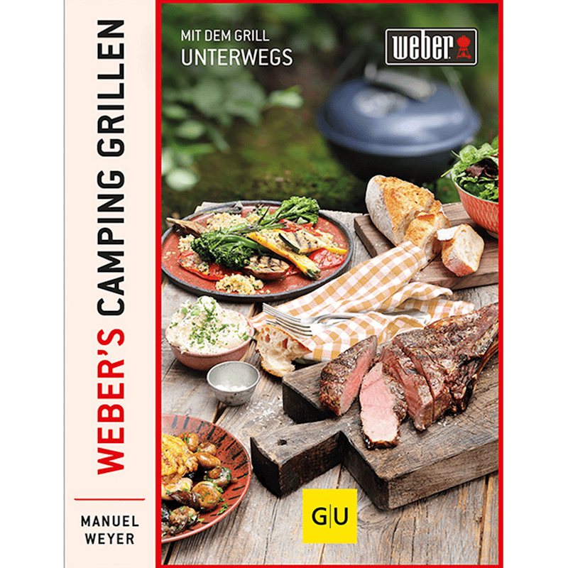 Cover von Weber's Camping Grillen mit gegrillten Speisen und Weber-Grill im Hintergrund