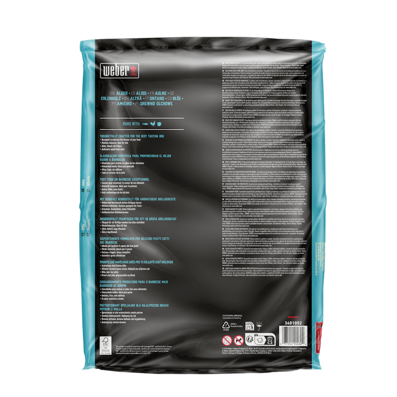 Rückseite der Verpackung von Weber SmokeFire Holzpellets Erle 8 kg mit detaillierten Produktinformationen