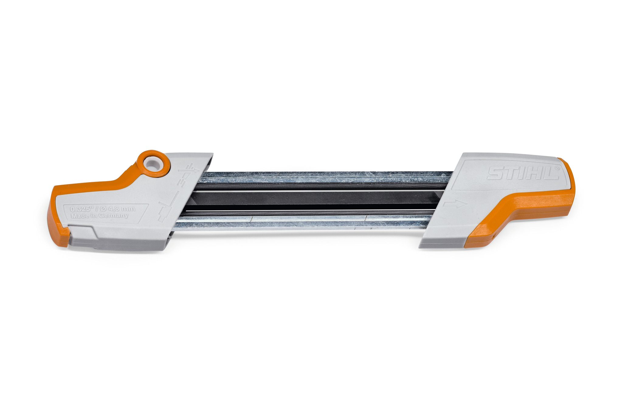 STIHL Feilenhalter 2-in-1 auf weißem Hintergrund zur Schärfung von Kettensägenketten