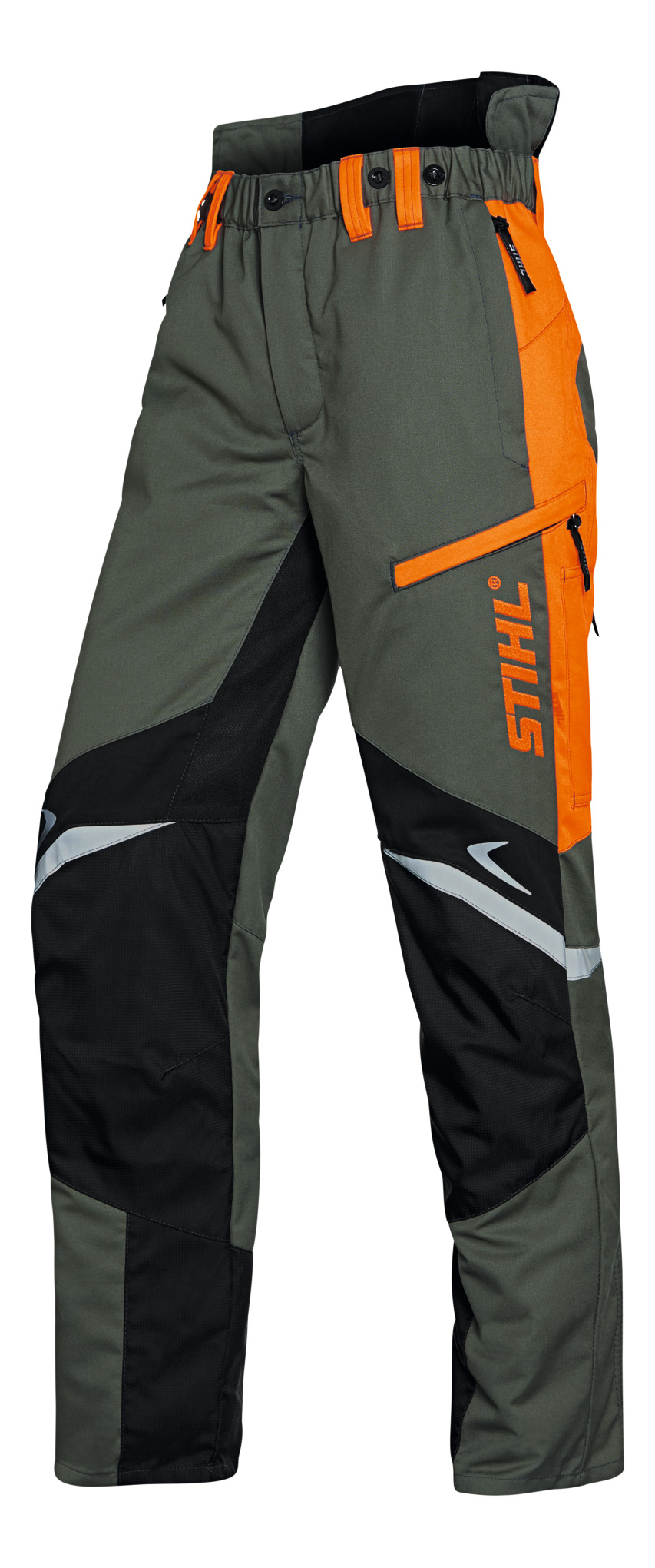 STIHL Bundhose FUNCTION Ergo Gr XS in Grün mit orangefarbenen Details und Reflexstreifen