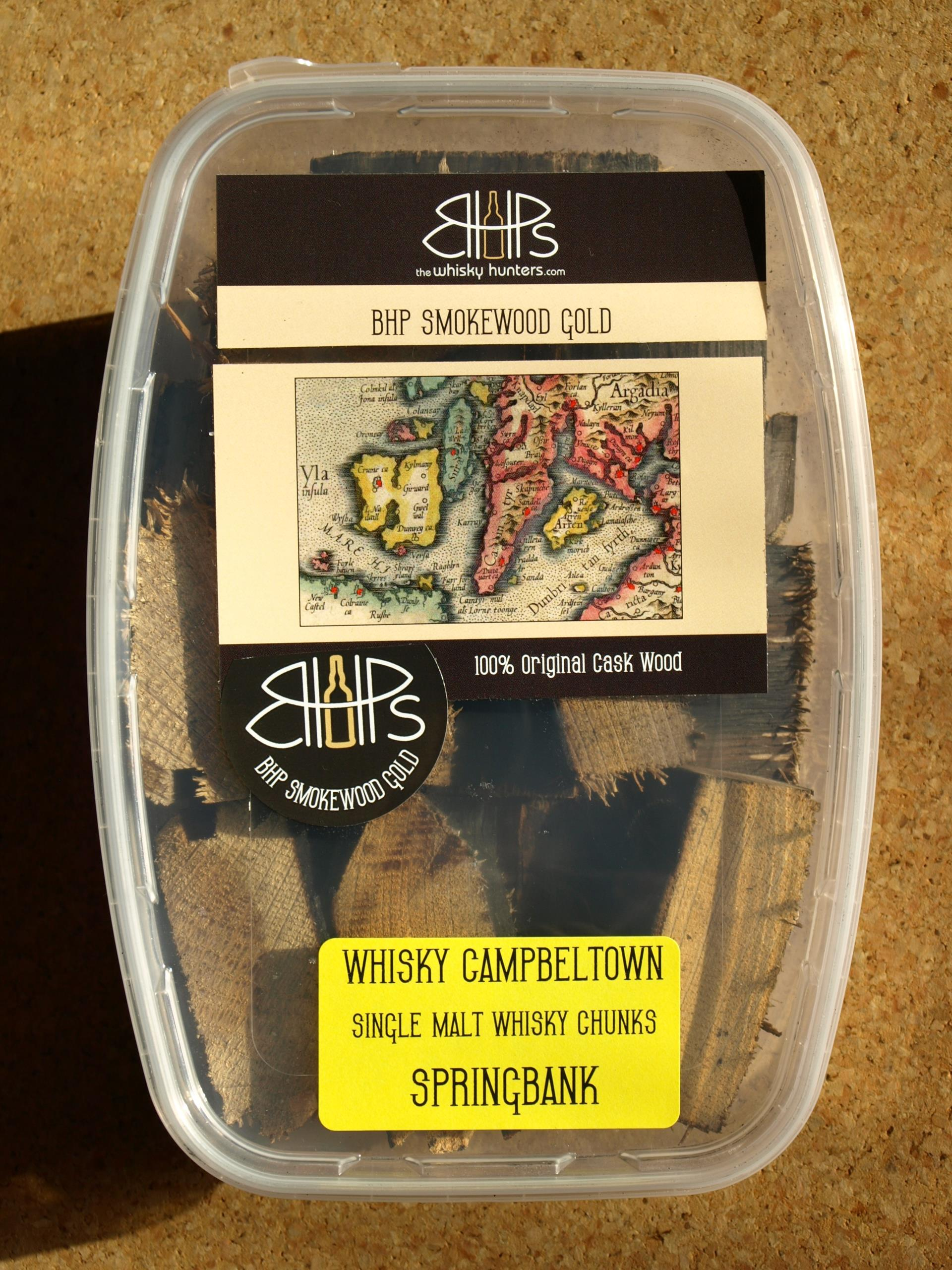 Transparente Box mit Whiskey Räucherchips von BHP Smokewood Gold Springbank