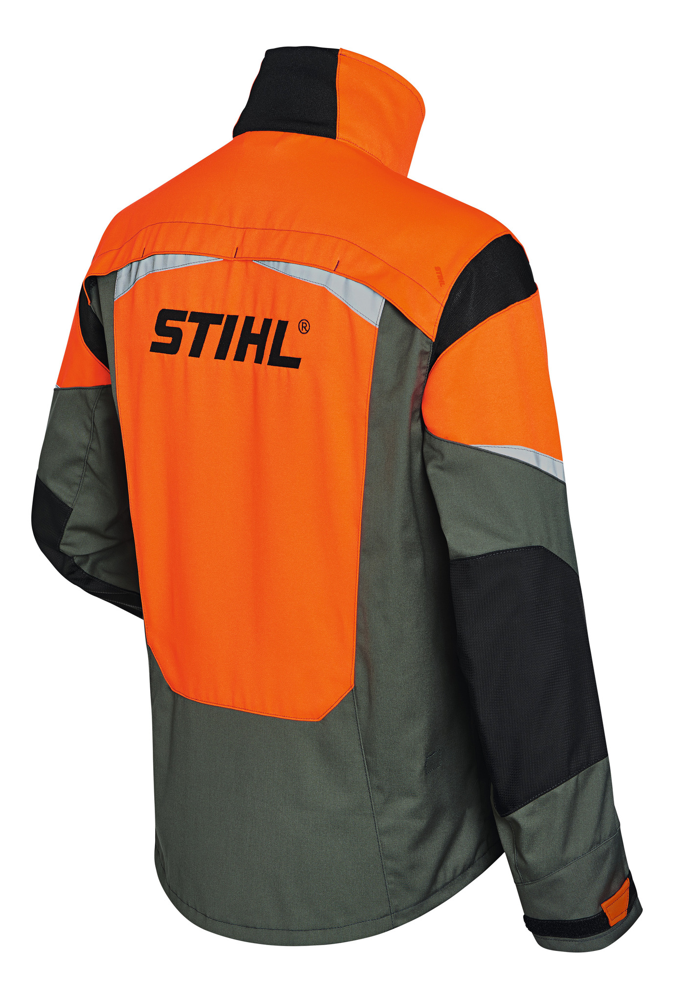 STIHL Jacke FUNCTION Ergo in Olivgrün und Warnorange mit großem Rückenlogo und Reflexstreifen