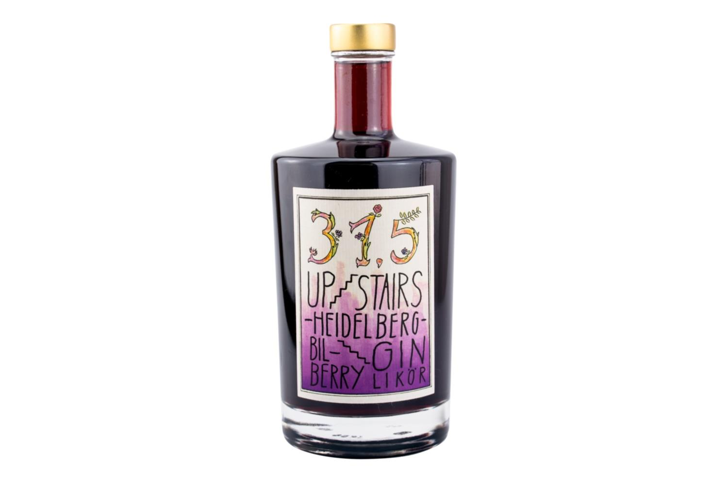 Flasche von 315 Upstairs Bilberry Gin-Likör mit buntem Etikett und goldenem Deckel