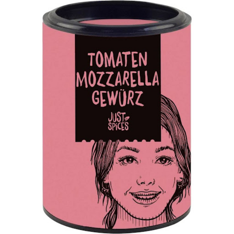 Rosa Gewürzdose von Just Spices für Tomate Mozzarella mit weiblichem Gesicht auf dem Etikett