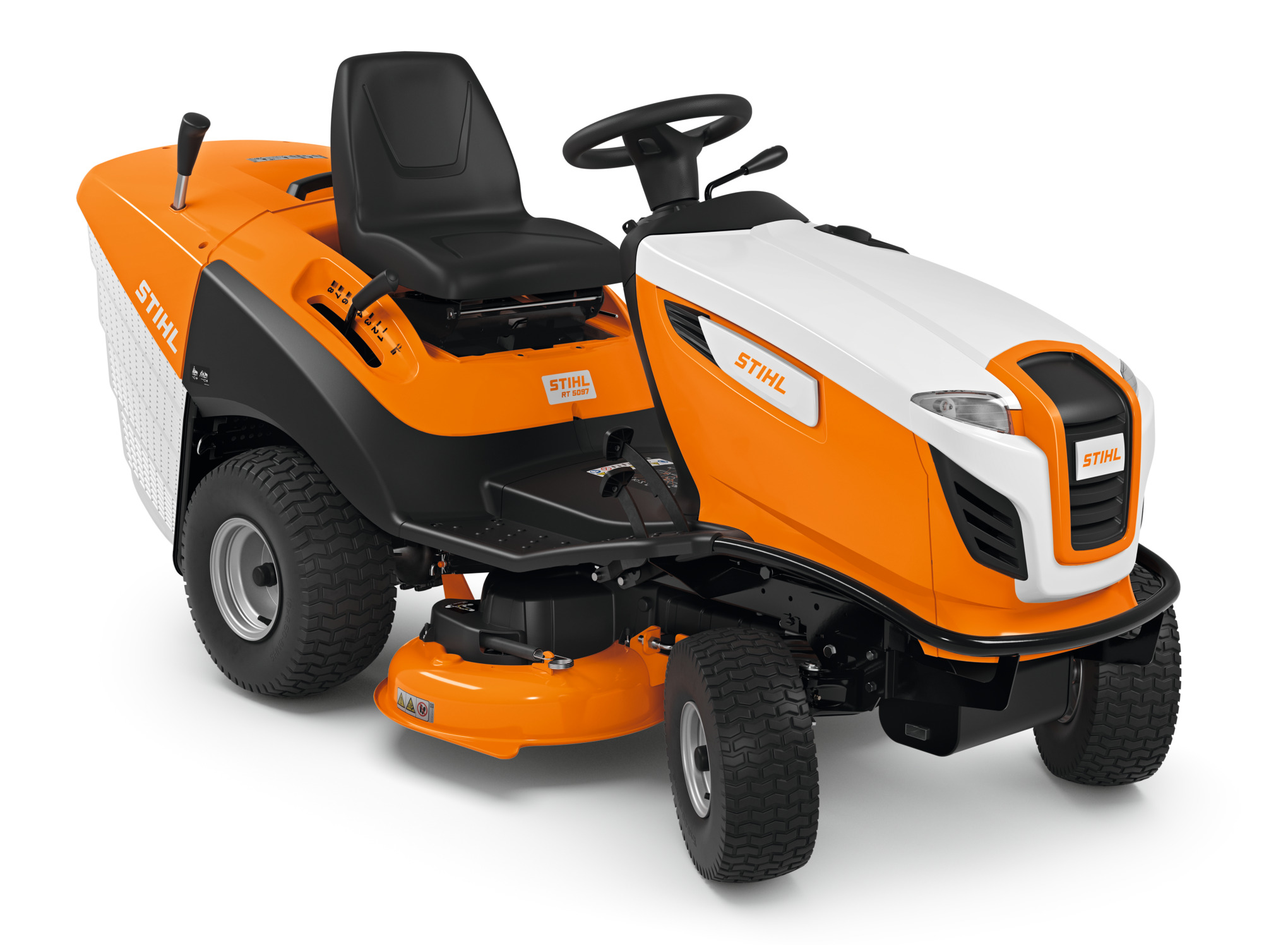 Stihl RT 5097 Aufsitzmäher in Orange und Weiß mit verstellbarem Sitz und großem Grasfangkorb